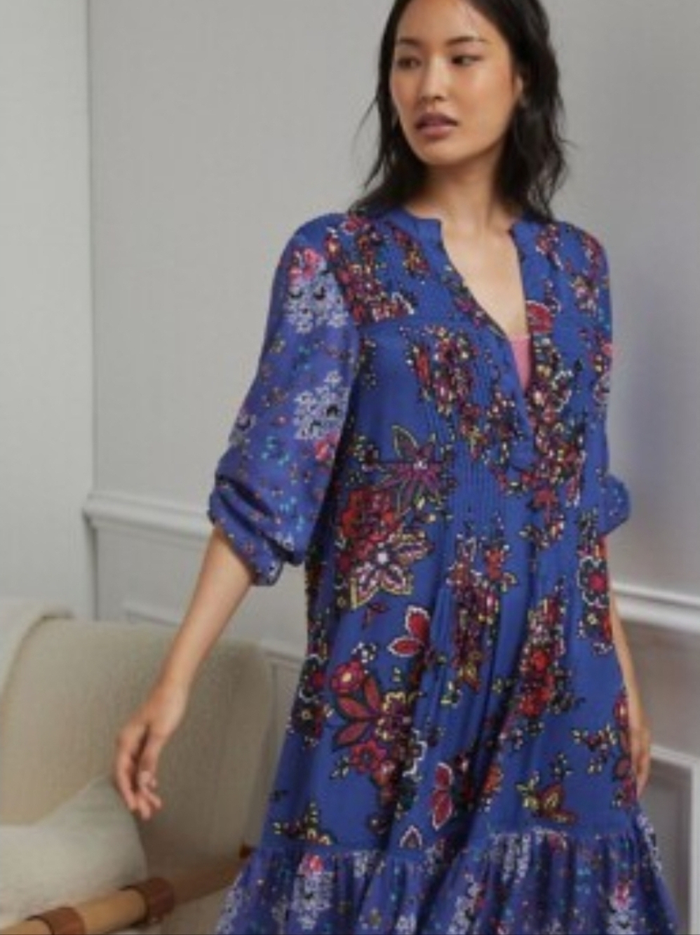 Anthropologie Lavender Floral Long-Sleeve Midi Dress